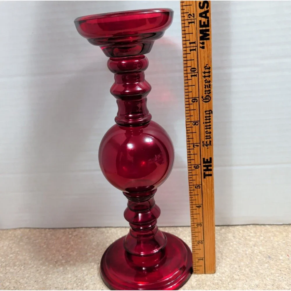 ​Ruby Red Glass Pillar Candle Holder 12